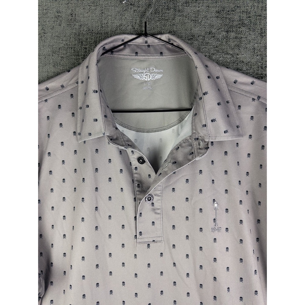 Straight Down Polo Shirt Mens L Skull Crossbones Gray Lampost 1947 Golf